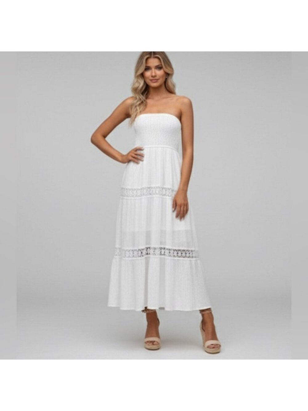 Boho Lace Insert Shirred Tube A-Line Dress White